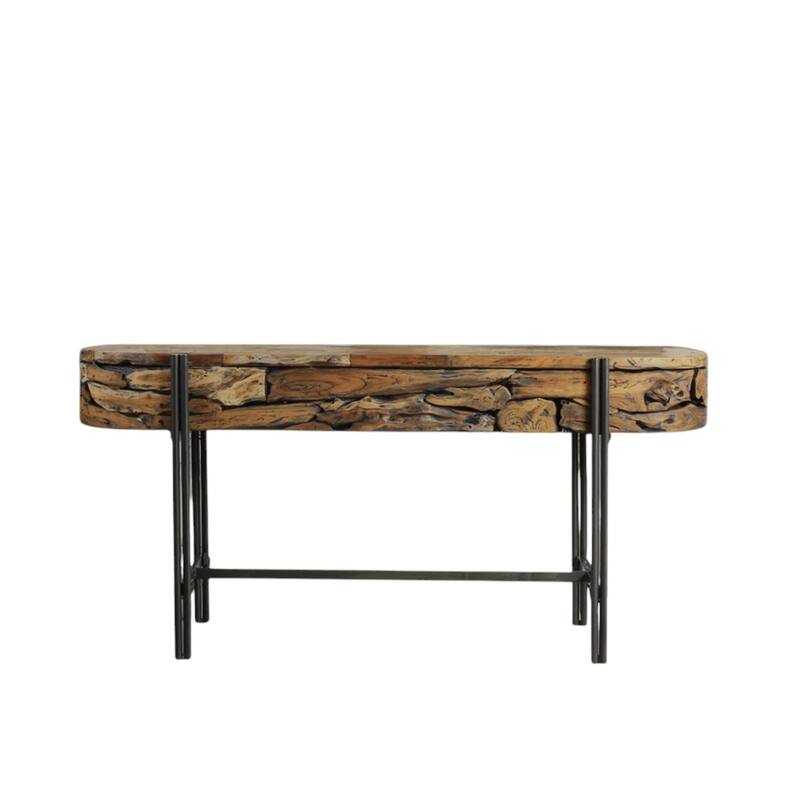 HomeRoots 55" Natural and Charcoal Reclaimed Wood and Metal Oval Trestle Console Table - 55.10 in. x 31.50 in. x 17.70 in.