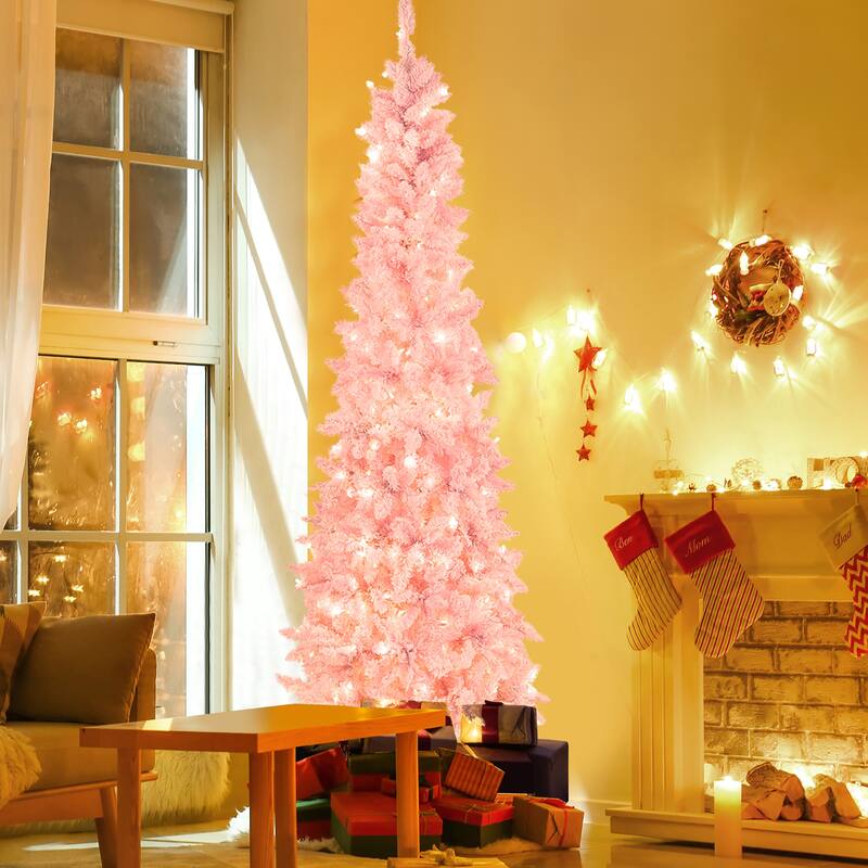 Gymax 7FT Pre-Lit Flocked Christmas Pencil Snow Tree Holiday Decor