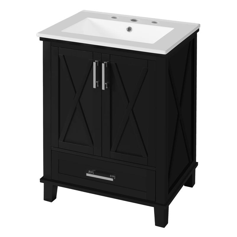 24-Inch Bathroom Vanity With Single Sink, Solid Wood Frame + Mdf, 2 Soft-Close Doors, 1 Divided Drawer, Dual Storage Shelves