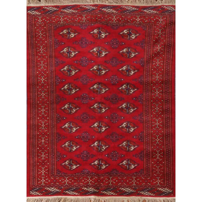 Geometric Red Turkoman Persian Vintage Foyer Rug Handmade Wool Carpet - 4'3"x 5'8"