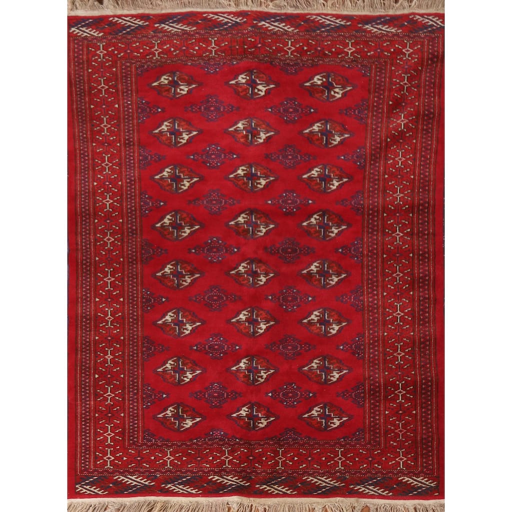 Geometric Red Turkoman Persian Vintage Foyer Rug Handmade Wool Carpet - 4'3"x 5'8"