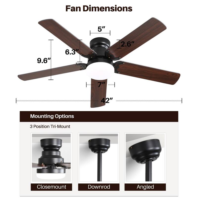 42 Inch Low Profile Ceiling Fan with Light and Remote, Reversible DC Motor, 5 Blades Fan for Bedroom Living Room