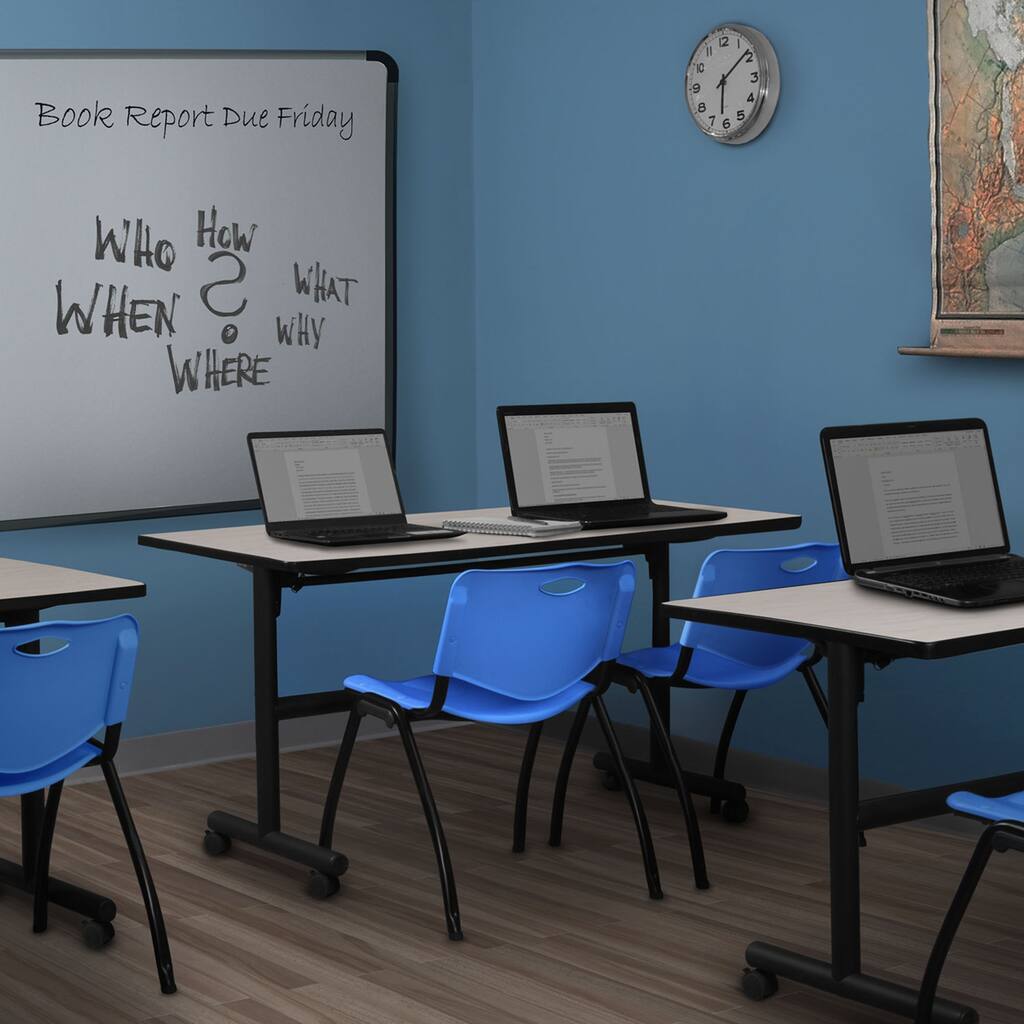 60" Flip Top Mobile Training Table- Maple & 2 'M' Stack Chairs- Blue