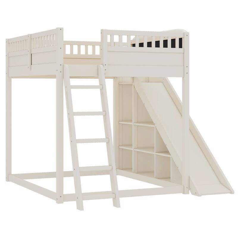 Minimalist Wood Loft Bed Frame with Upholstered Headboard, Storage Open Shelves, Safety Guardrails, Ladder and Slide for Kids