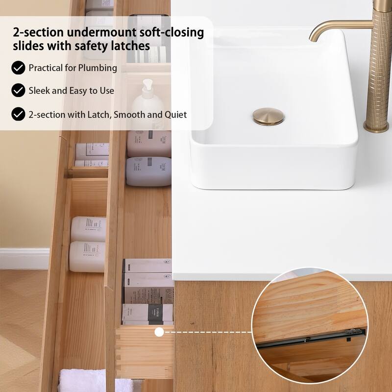 Sylphar 84 inch Toffee Oak Floating Bathroom Vanity with White Quartz Top