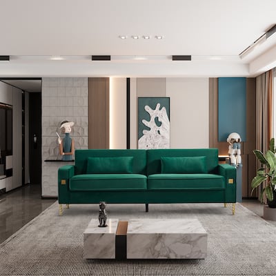 Emerald Green Modern Velvet Couch with Gold Legs - 29.53 x 85.44 x 31.10