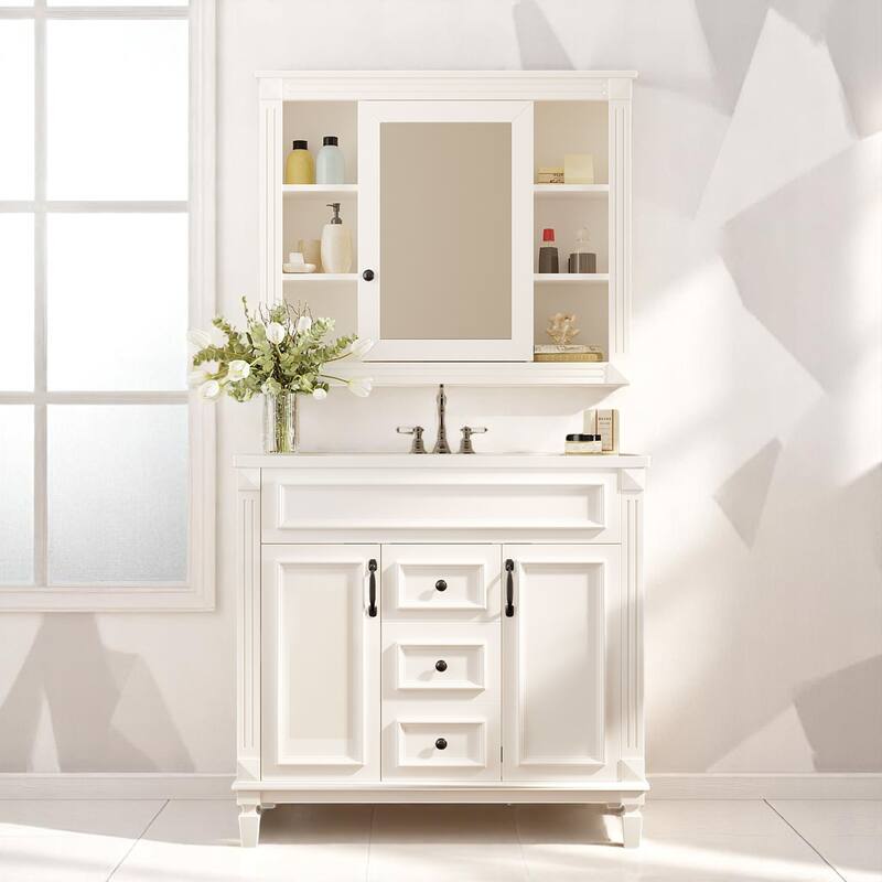 36 Inch Bathroom Vanity Set with Ceramic Sink and Wall Mirror Cabinet, 2 Doors and Drawers, Modern Freestanding Unit - White