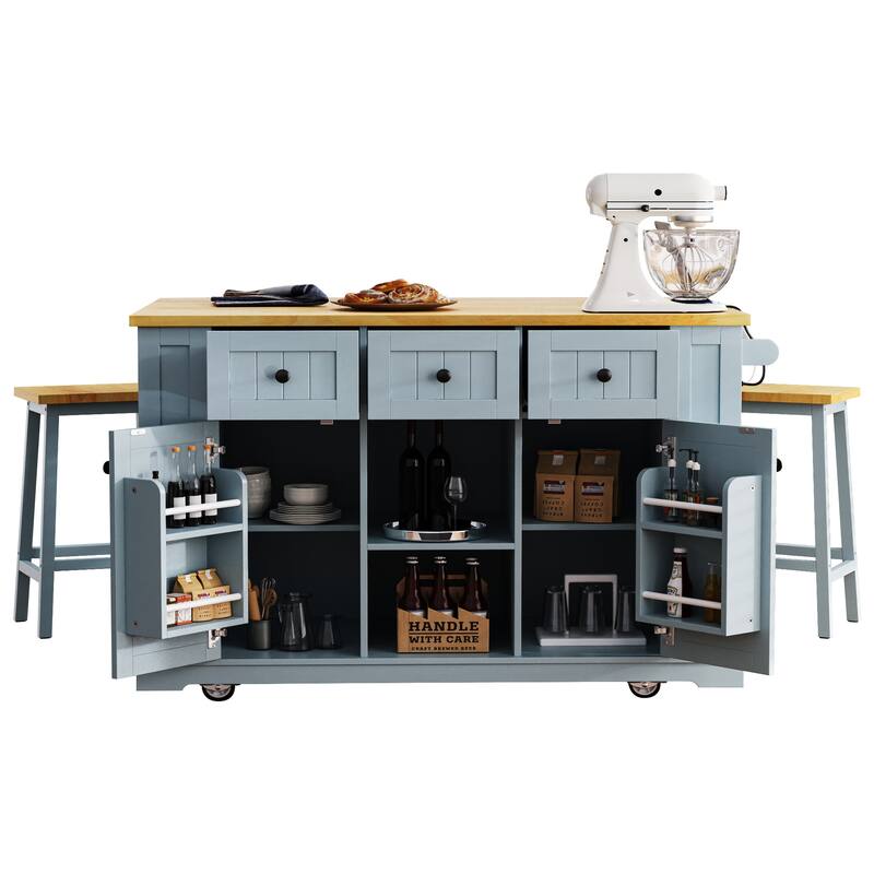 53inch Large Kitchen Island with 2 Bar Stools, Power Outlet,Door Internal Storage Rack, Kitchen Storage cart with Drop Leaf