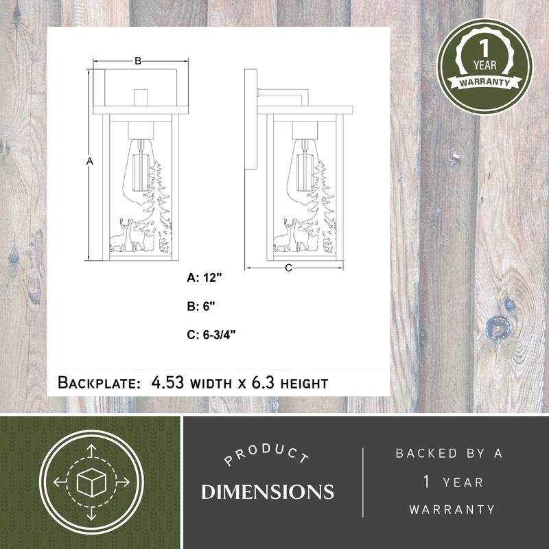 VAXCEL Acadia Matte Black Rustic Wildlife Outdoor Wall Sconce Light Fixture, Steel, Clear Seeded Glass Shade