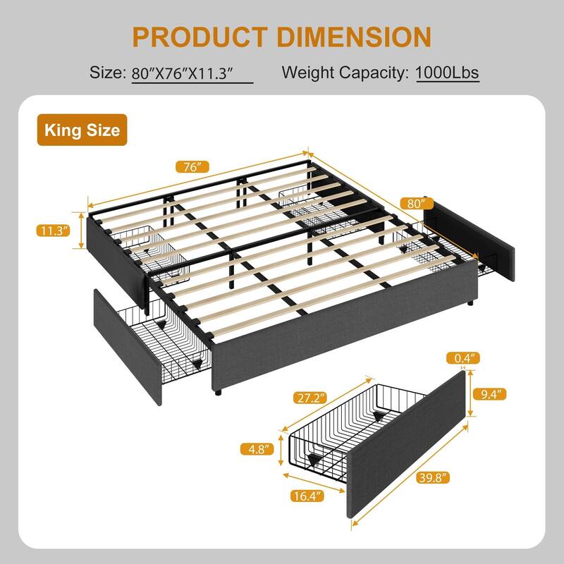 Platform Bed Frame, with 4 Storage Drawers