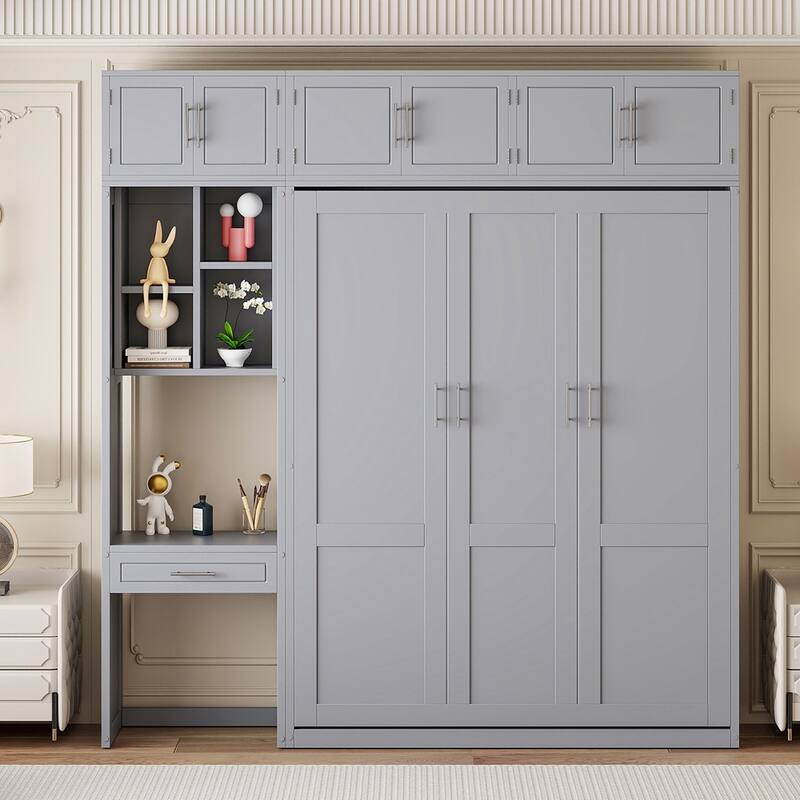 Wall Murphy Bed with Desk, Top Cabinet and Storage Shelves