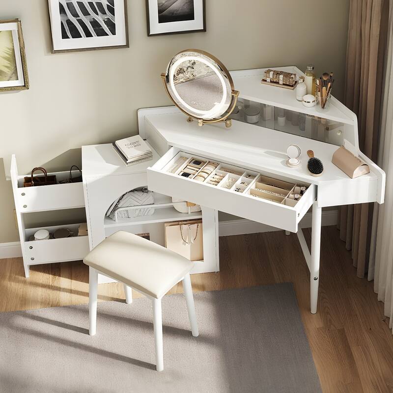 Corner Vanity Desk with Mirror & Lights, Wood Fluted Makeup Vanity Desk, Dressing Table with Large Storage Space