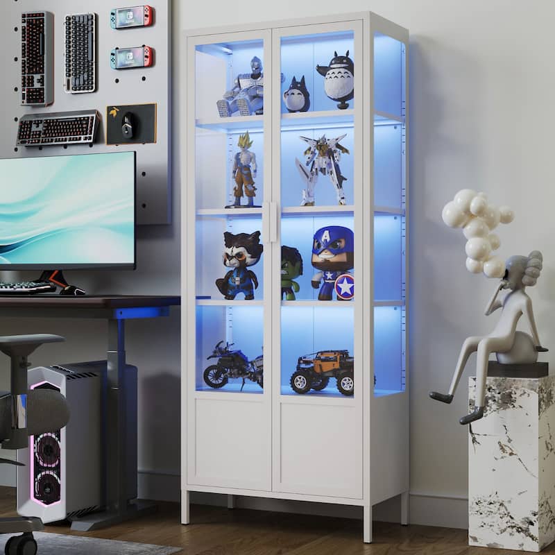 5-Tier Tempered Glass Curio Display Cabinet with Adjustable Shelves and 13 Color Lights - 66.9"H x 27.6"W x 13.8"D - White