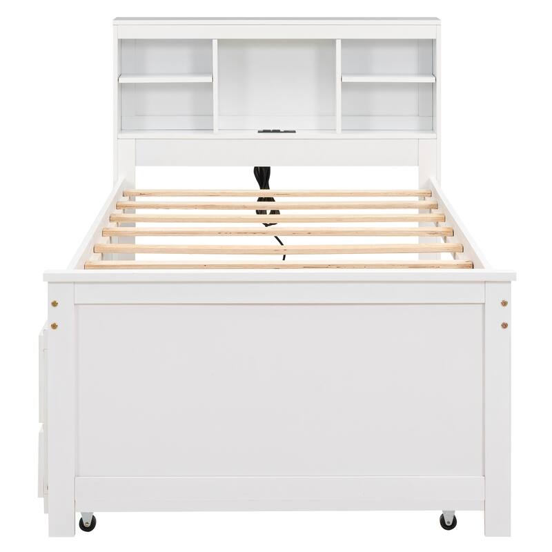 Twin Size Platform Bed with Storage Headboard and USB, Pull-out Trundle Bed and Drawers Storage Bed for Bedroom, Apartment