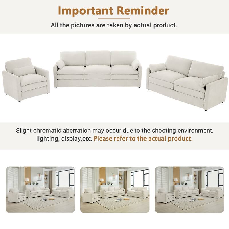 Roomfitters Cozy Oversized Cloud Sofa Group Upholstered 3-Piece Set with Double Plush Cushions for Living Room