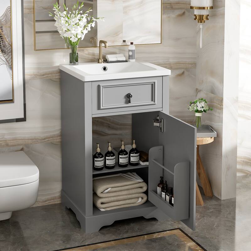20-Inch Bathroom Vanity with Ceramic Sink, Soft Close Door, Adjustable Shelf, and Door-Mounted Storage Rack - Grey