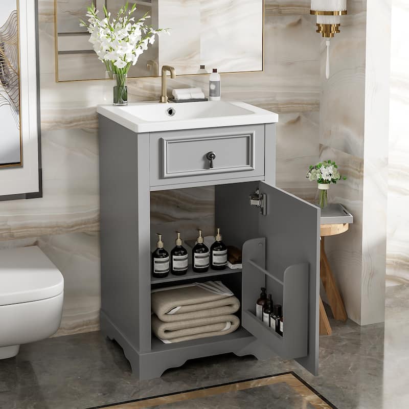 GDFStudio - Lisa Wood & Ceramic 20" Bathroom Vanity with Sink, Soft-Close Door & Storage Rack
