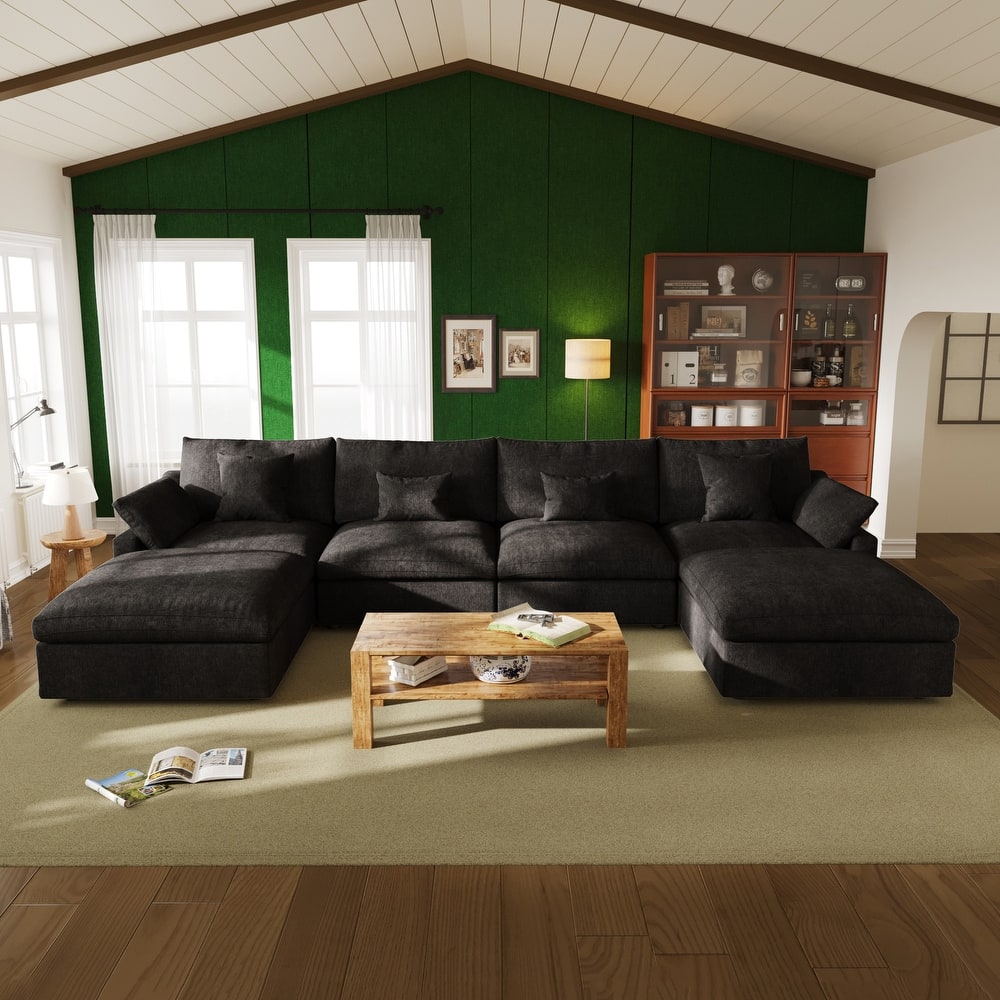 Oversized Linen Sectional Sofa Down Filled U-Shaped Couch for Living Room Set