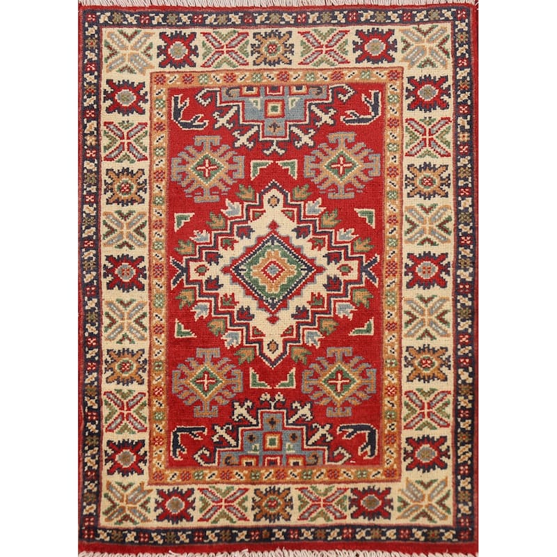 Red Geometric Kazak Accent Rug Handmade Traditional Wool Carpet - 2'0" x 3'0"