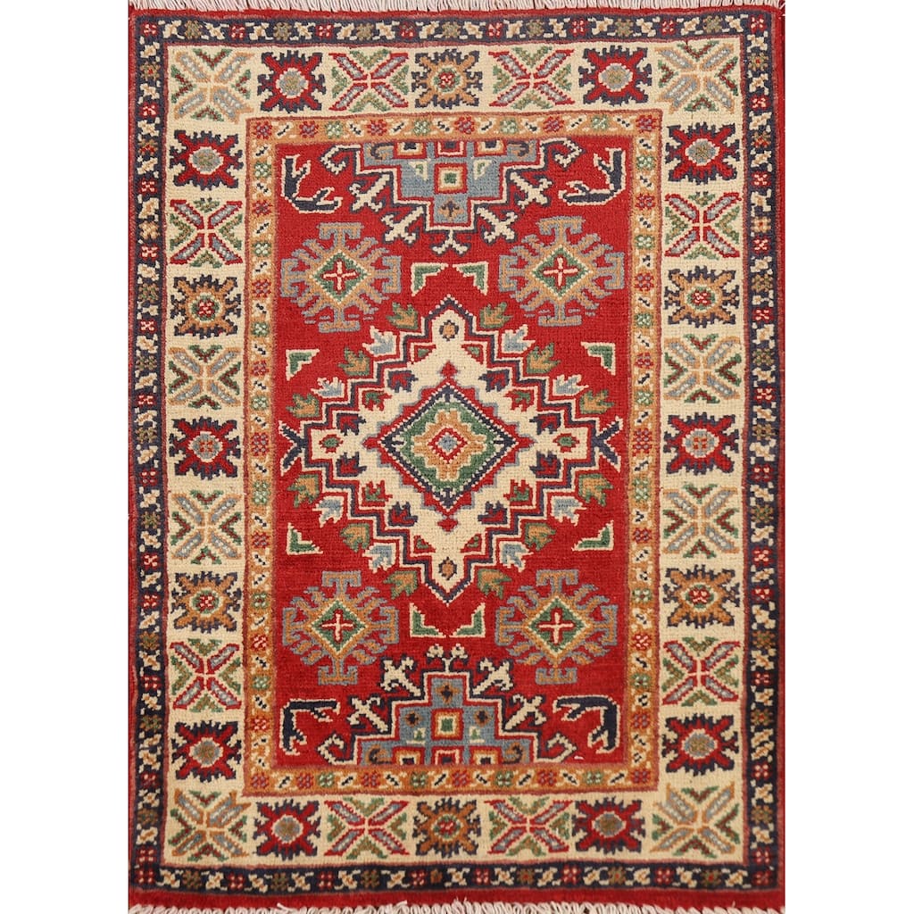 Red Geometric Kazak Accent Rug Handmade Traditional Wool Carpet - 2'0" x 3'0"