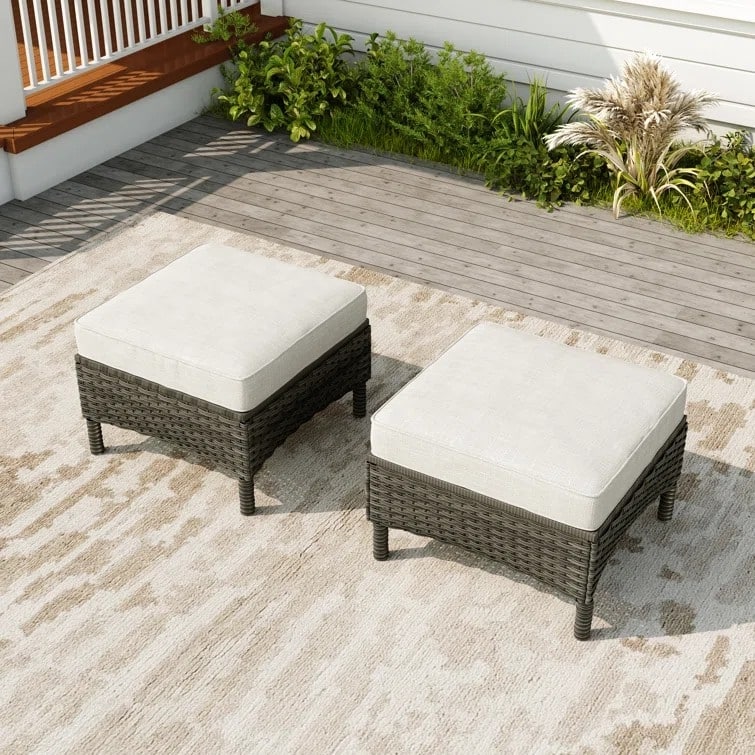 2-Piece Wicker Ottoman Patio Ottoman with Seat Cushion