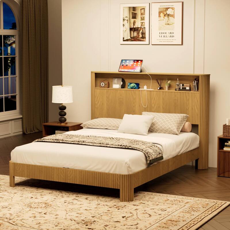 Queen Size Bed Frame with Storage Headboard, Charging Station, Wavy Design, Silent, Metal Support, Natural