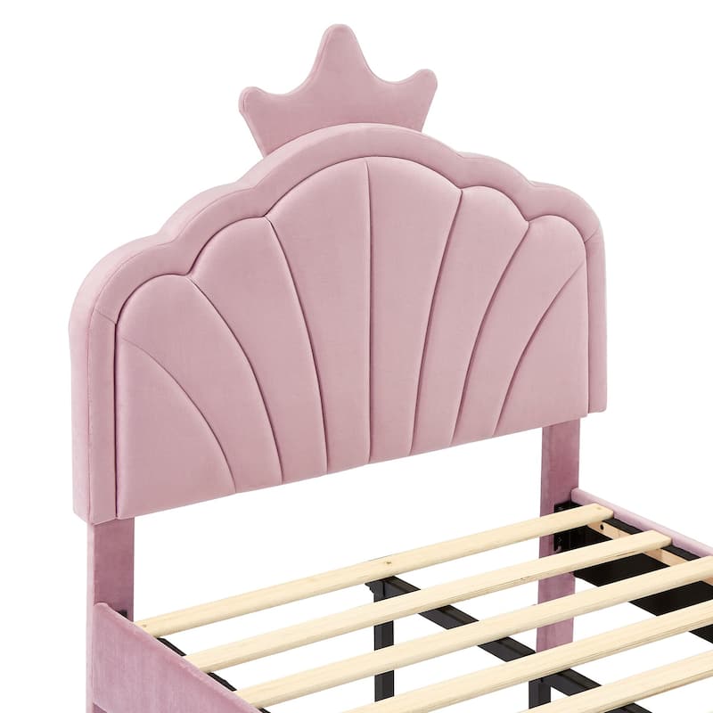 Javlergo Twin Size Platform Bed Frame with Crown Headboard Adjustable Height Upholstered Princess Bed for Kids