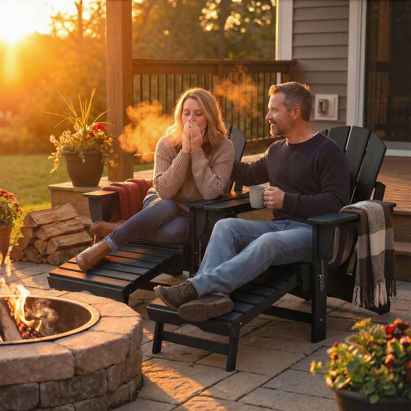 Outsunny Folding Adirondack Chair Set of 2, Outdoor HDPE Fire Pit Chair with Retractable Ottoman - black