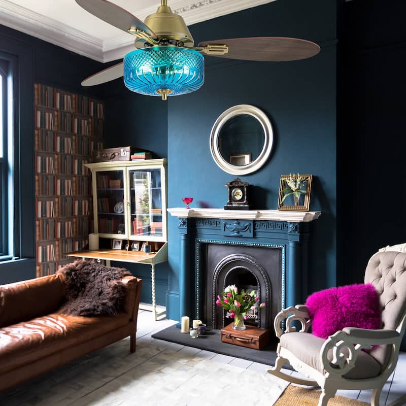 Maeve River of Goods 3-blade 42-inch Glam Indoor Ceiling Fan with Blue Hand-Cut Glass Shade and Remote Control