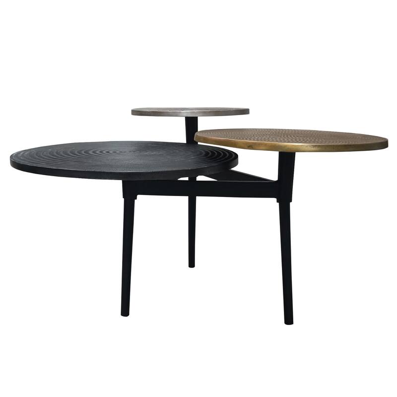 Trilogy 3 Tier Coffee Table, Handcrafted In Black, Antiqued Brass and Silver Finish, 37-Inch