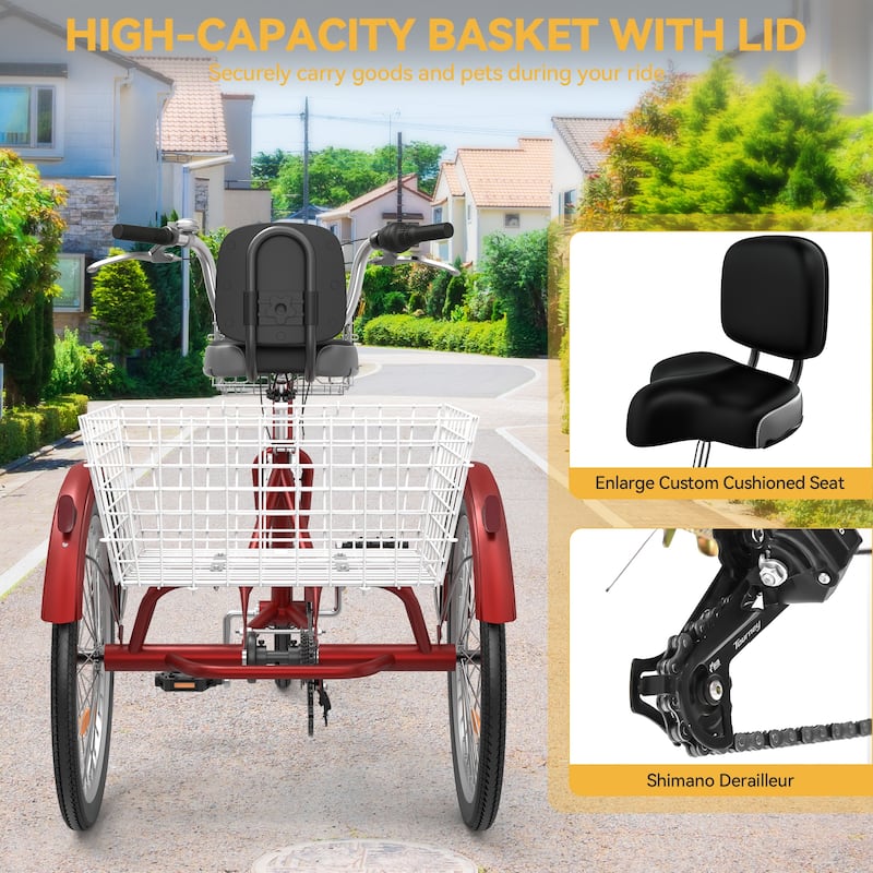 24"/26" Matte Red Adult Tricycle 7 Speed Trike Bike with Shimano Shifting with Removable Baskets