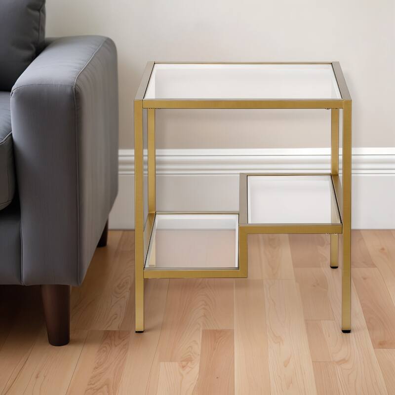 22" Glass and Steel Square End Table with Two Shelves - 22-inch H x 20-inch W x 20-inch D