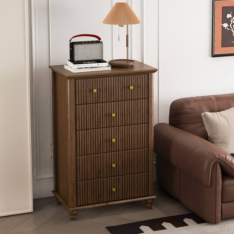 Fluted 5 Drawer Dresser, 45 Inch Tall Modern Chest of Drawers, Bedroom Dresser with Metal Handle, Wooden Drawer Organizer - Walnut