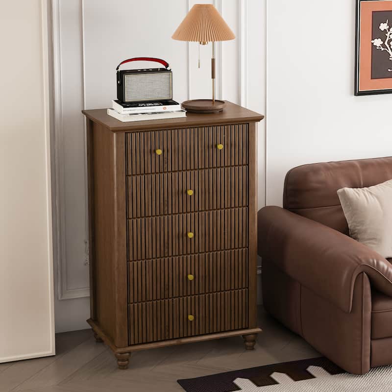 Mid-Century Modern Fluted NightStand with Drawers & Metal Handle