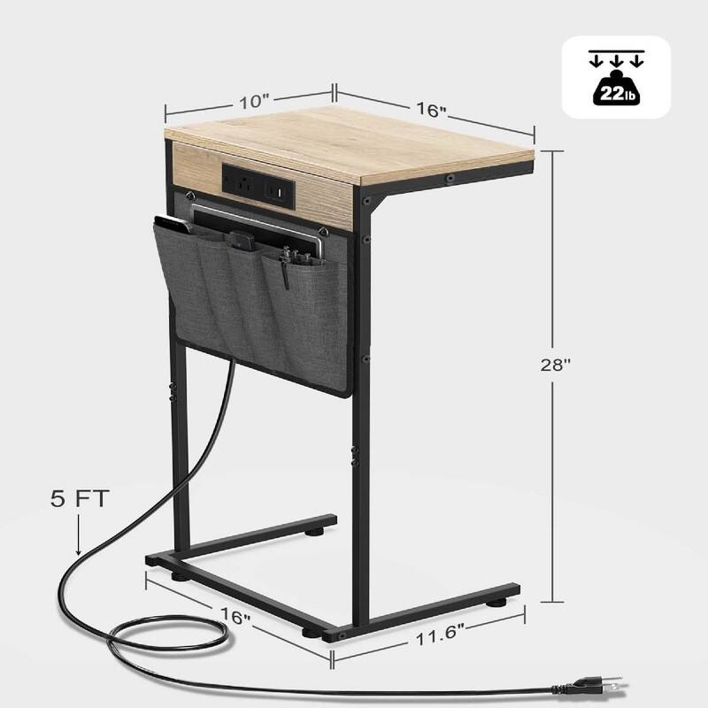 C Shaped End Table with Charging Station - 16"D x 10"W x 28"H