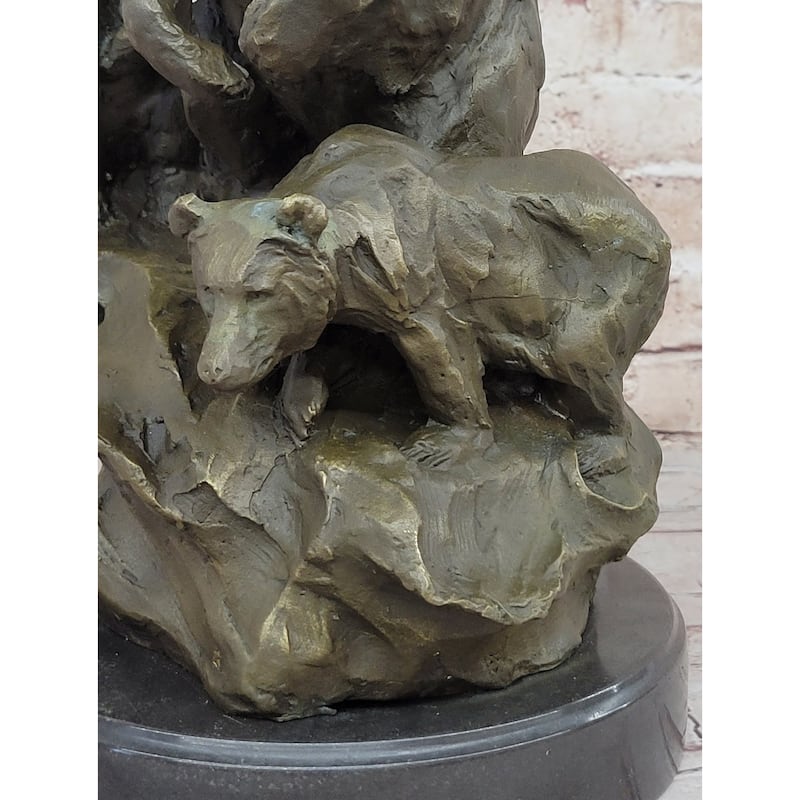 Large Mother Bear With Her Cubs On A Rock Bronze Art Deco Marble Sculpture Barye