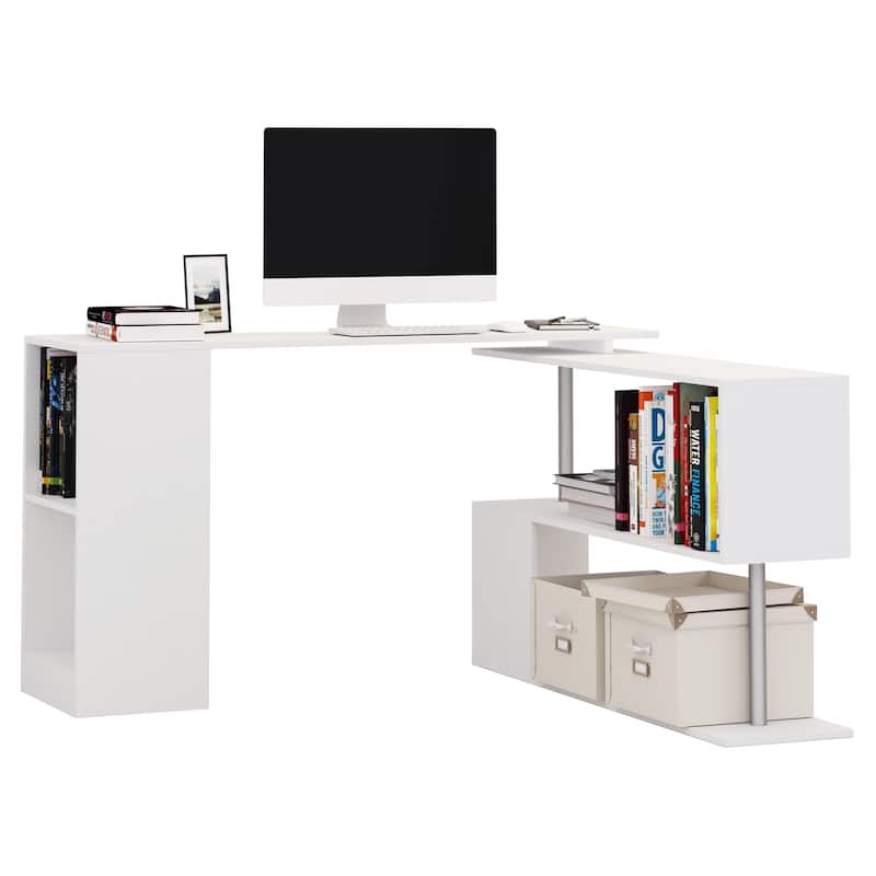 HOMCOM 55" Rotating Corner Computer Desk: L-Shaped Workstation, Storage Shelves