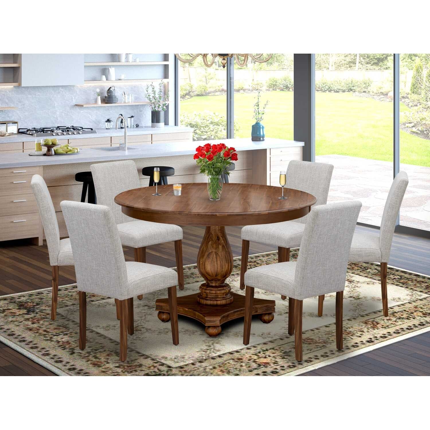 HomeStock 7-Piece Natural Oak Finish Solid Wood Top Dining Table with 6 Parson Chairs
