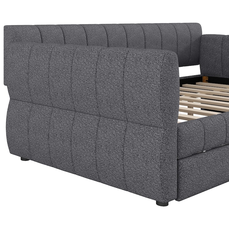 Modern Fabric Upholstered Daybed Queen Size Sofa Bed Frame with Backrest and Armrests, USB Charging Ports, No Box Spring Needed
