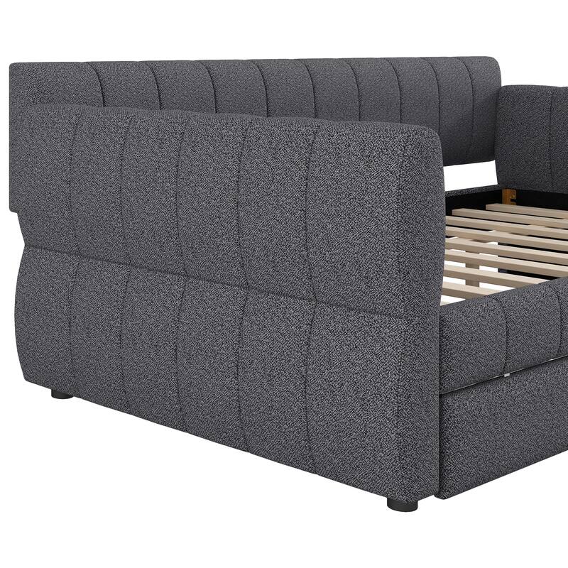 Queen Size Upholstered Daybed with USB and Optional Platform Storage Bed with 2 Drawers or Low Profile Sofa Bed with Trundle Bed