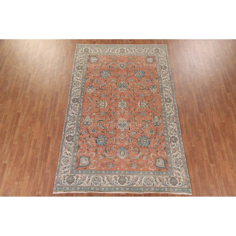 Hand Knotted Oriental 100% Wool Carpet Traditional All-Over Oranges & Rust Tabriz Area Rug - 10' 11'' X 7' 1''