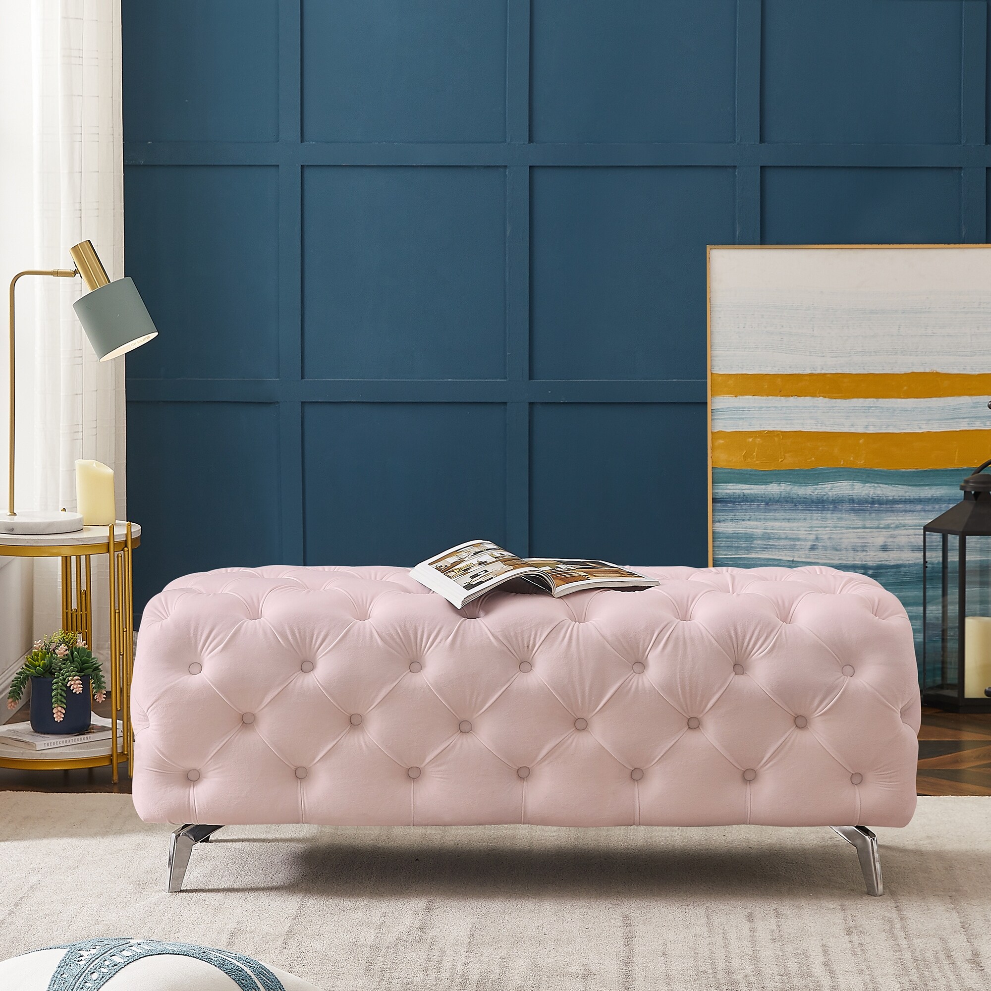 Pink Velvet Velvet Upholstered Bench 48