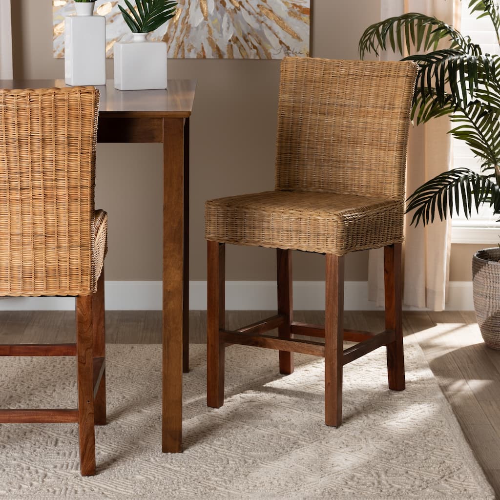 Racquel Modern Bohemian Natural Rattan and Mahogany Wood Counter Stool
