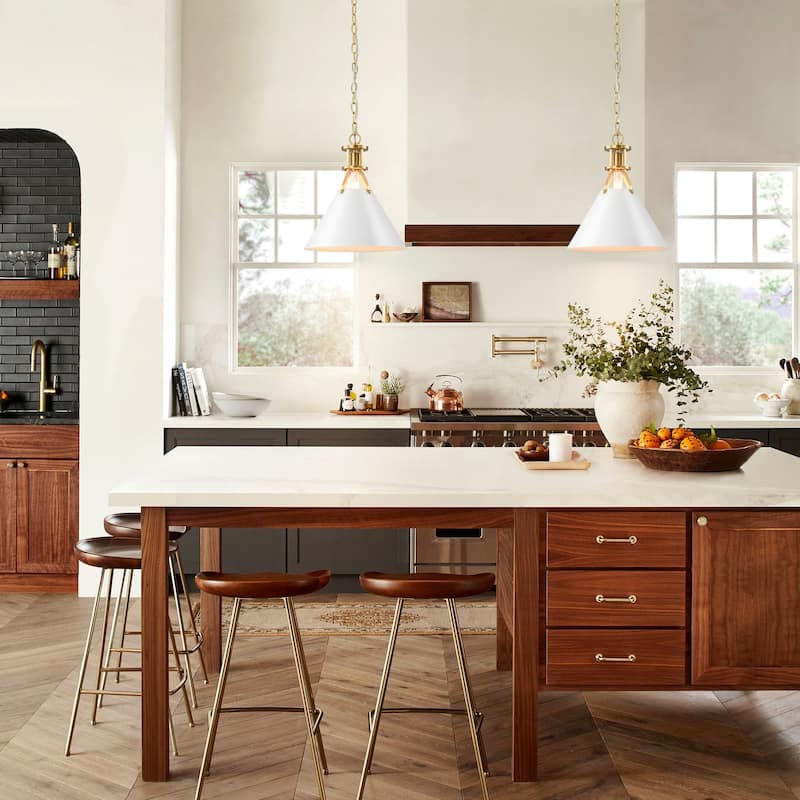 1-Light Modern Industrial Brushed Gold Cone Adjustable Pendant Light for Kitchen Island