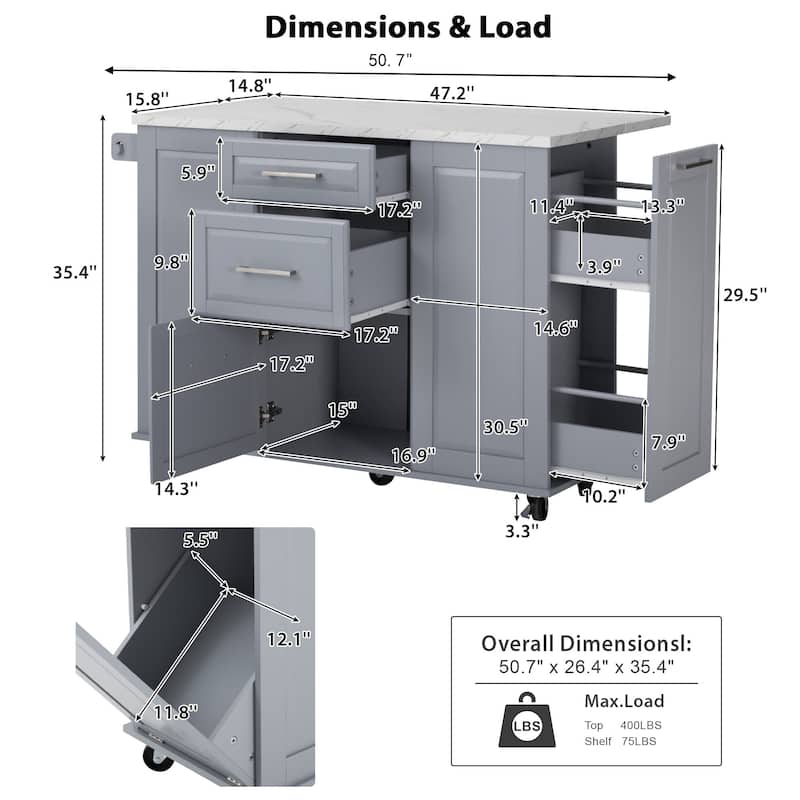 50.7" Kitchen Island with Storage and Concealed Trash Can, Rolling Kitchen Island on 5 Wheels with Drop Leaf, Drawers and Door
