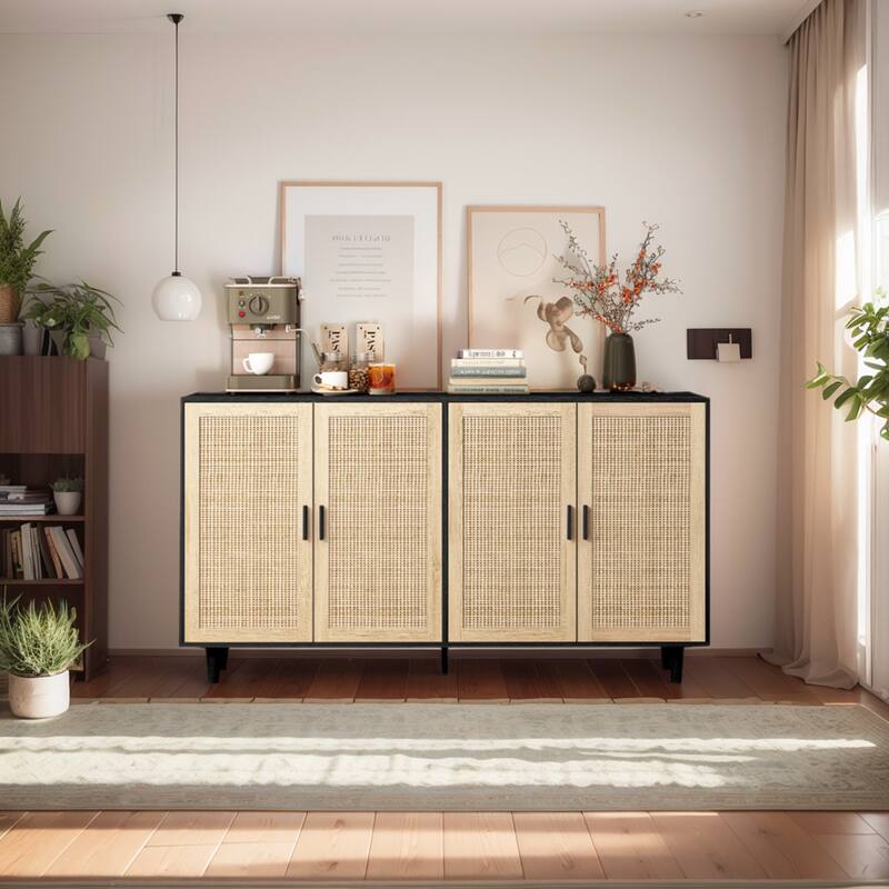 Elegant and Functional 4-Door Rattan Decorative Storage Cabinet,for Bedroom,Living Room,Office,Easy Assembly