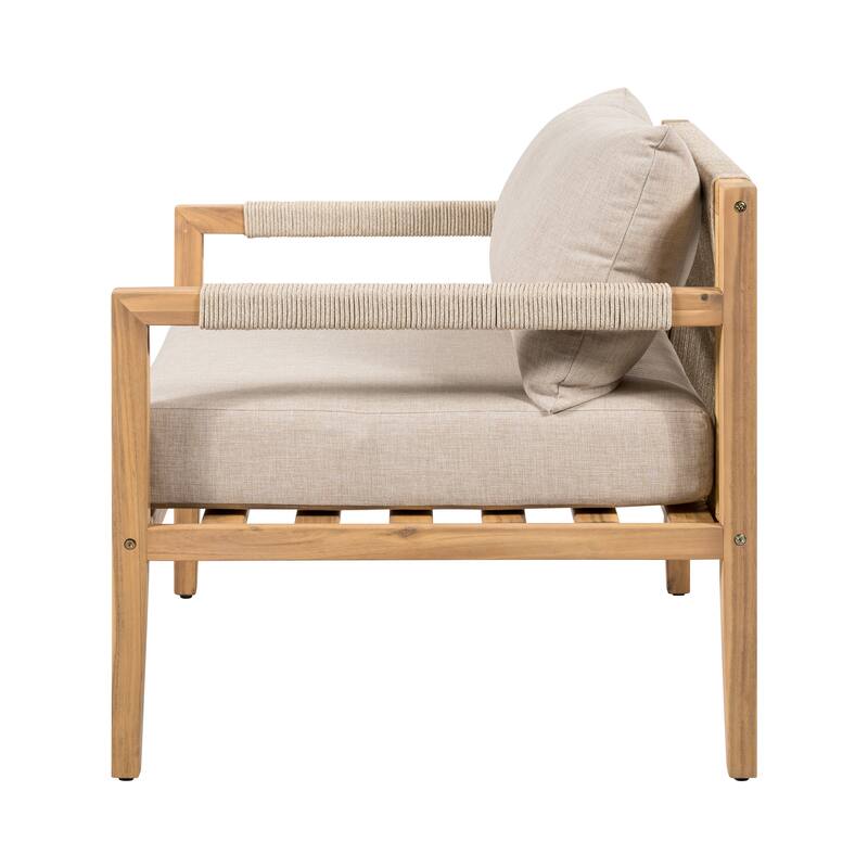 Christopher Knight Home - Modern Outdoor Acacia Wood Rope Club Chair and Square Side Table Set with Water-Resistant Cushions