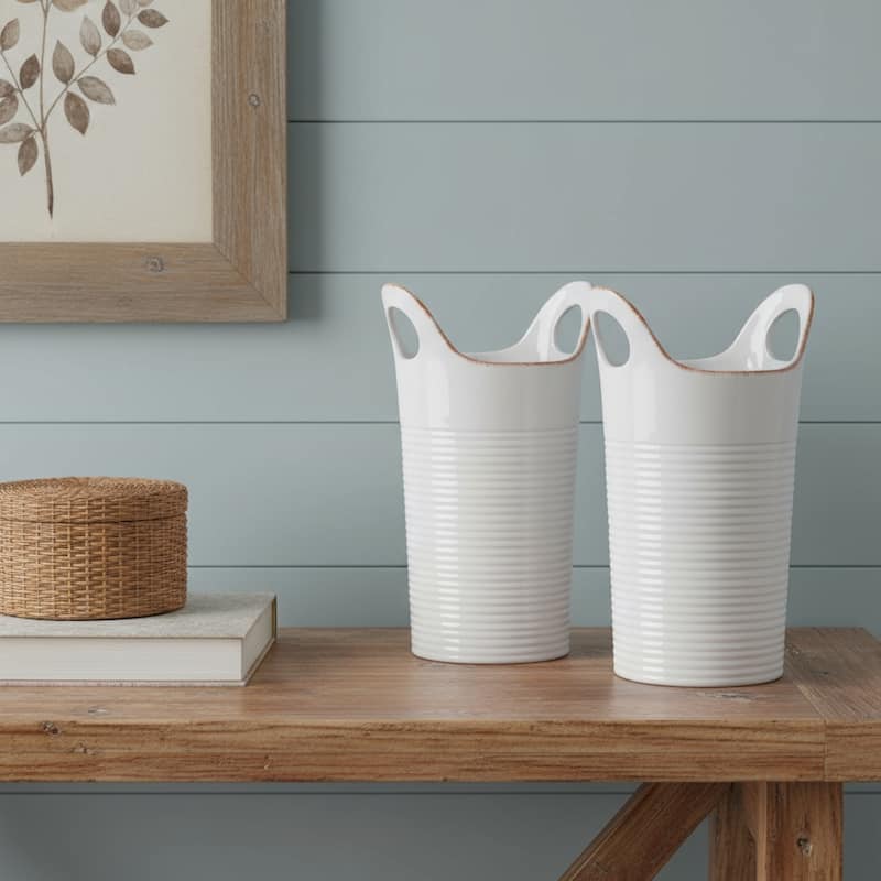 Set of Two White And Beige Ceramic Round Table Vases - 6.50 - Beige/White - 6.50