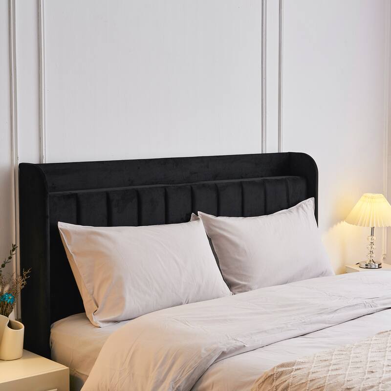 Velvet Upholstered Bed Frame with Headboard Charging Ports and Storage