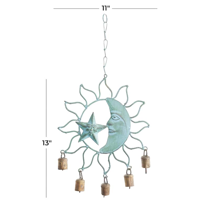 Metal Sun and Moon Windchime with Bells - Teal - Roche River Decor